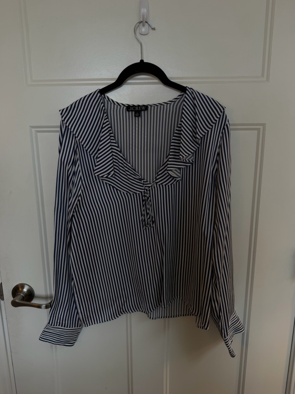 J. Crew Navy & White Vertical Stripe Ruffle Blouse